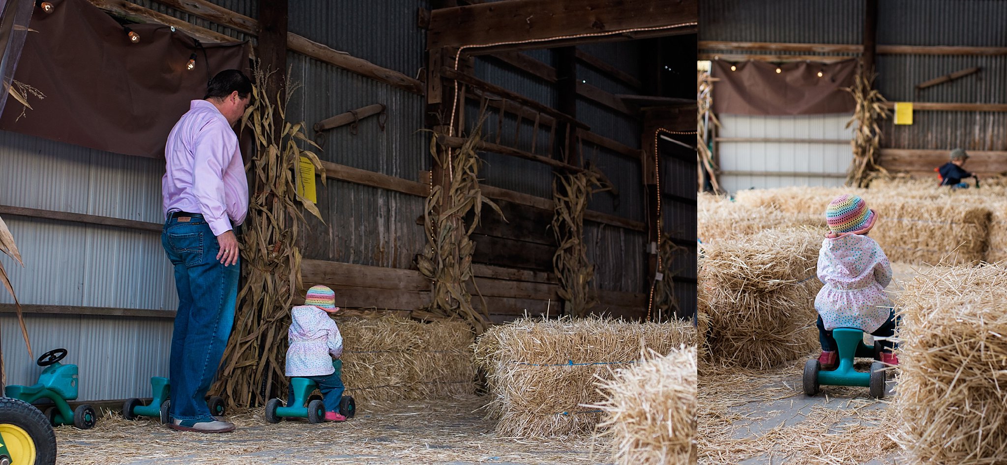 Jennifer Blaak Photography, Hamilton Lifestyle Family Photographer, Family Session at Dyments Farm in Dundas, Title girl riding toy through barn hay bales