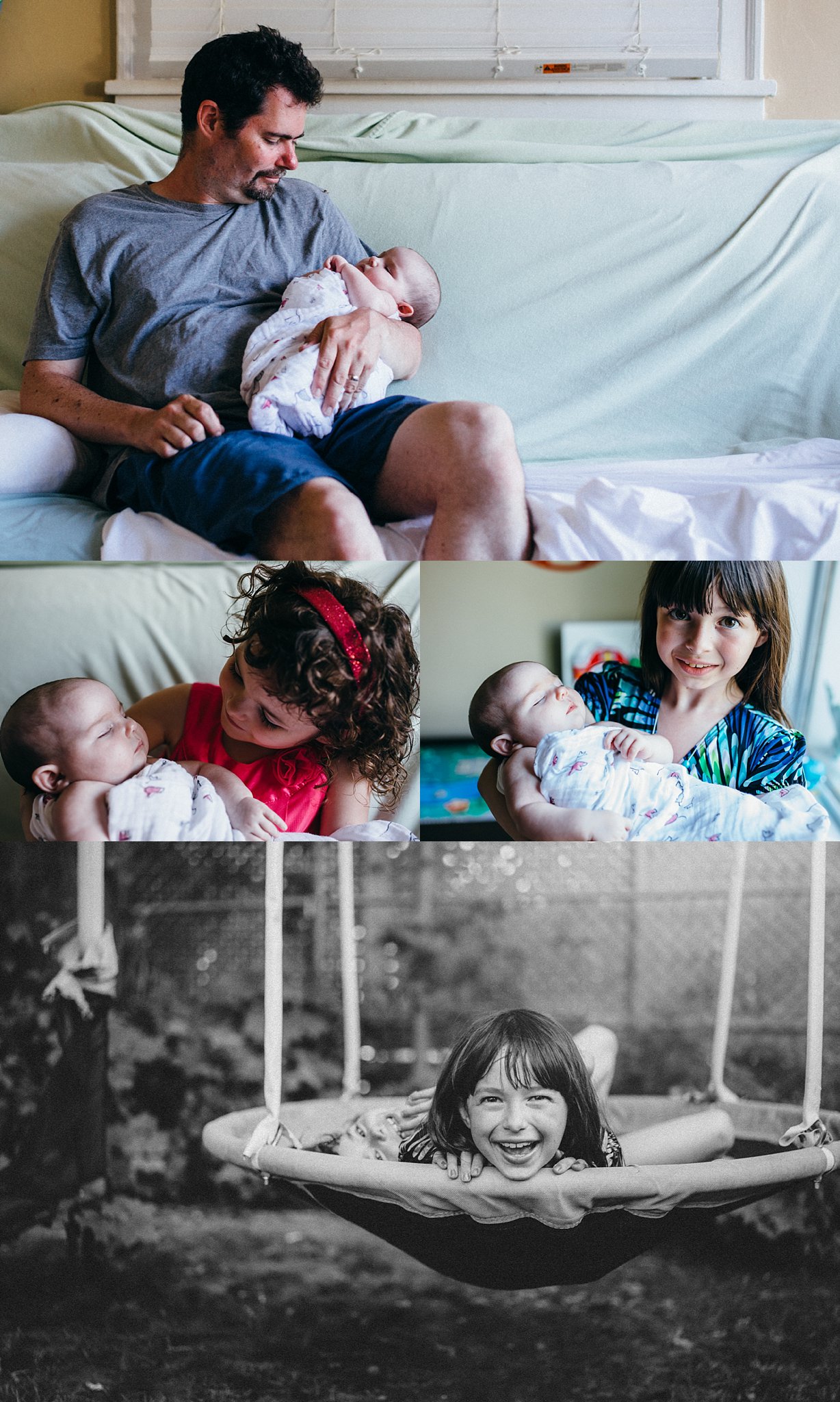 Jennifer Blaak Photography, Hamilton Lifestyle Newborn Photographer, Hamilton In-Home Lifestyle Session, Dad sitting with baby on bed, Sisters holding baby, Sisters playing on swing in backyard