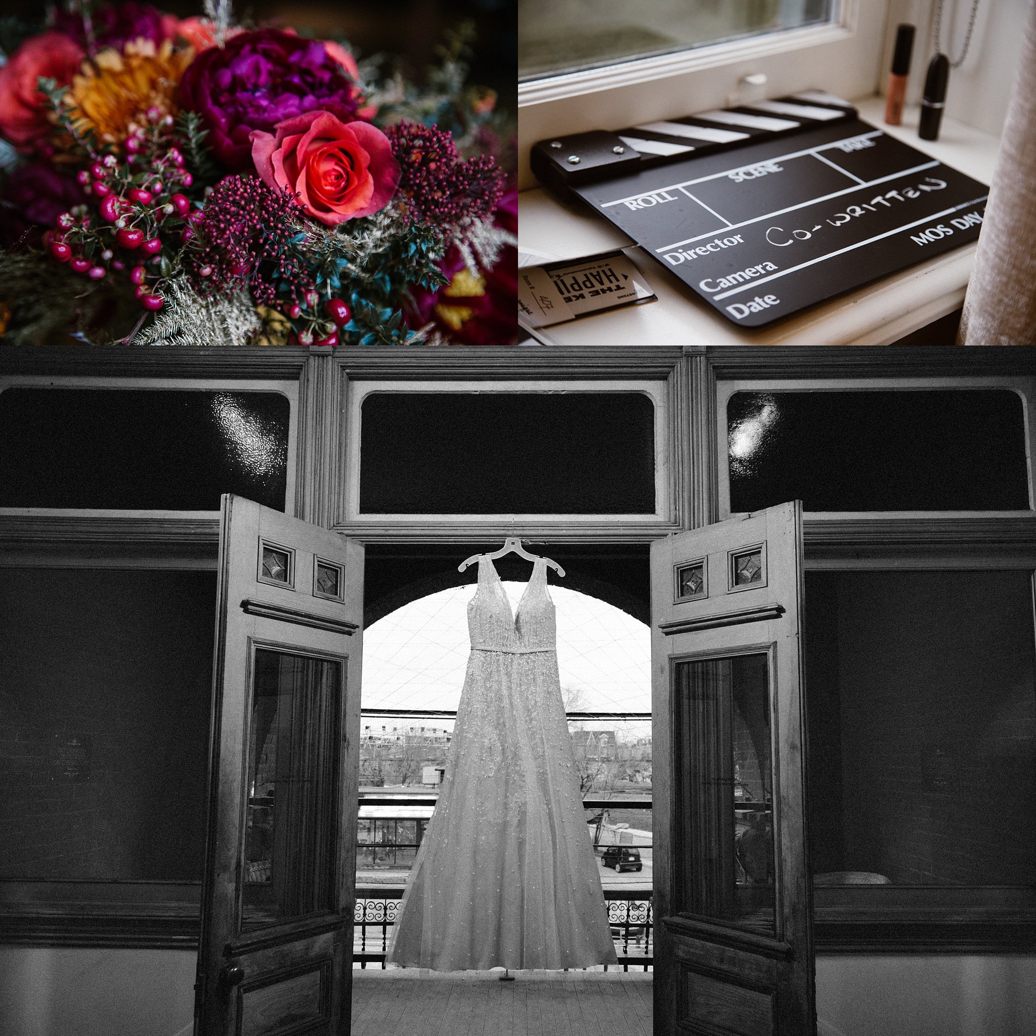 Jennifer Blaak Photography, Toronto Wedding Photographer, Gladstone Hotel Wedding, Wedding details, Clapboard, Bouquet, Wedding Dress
