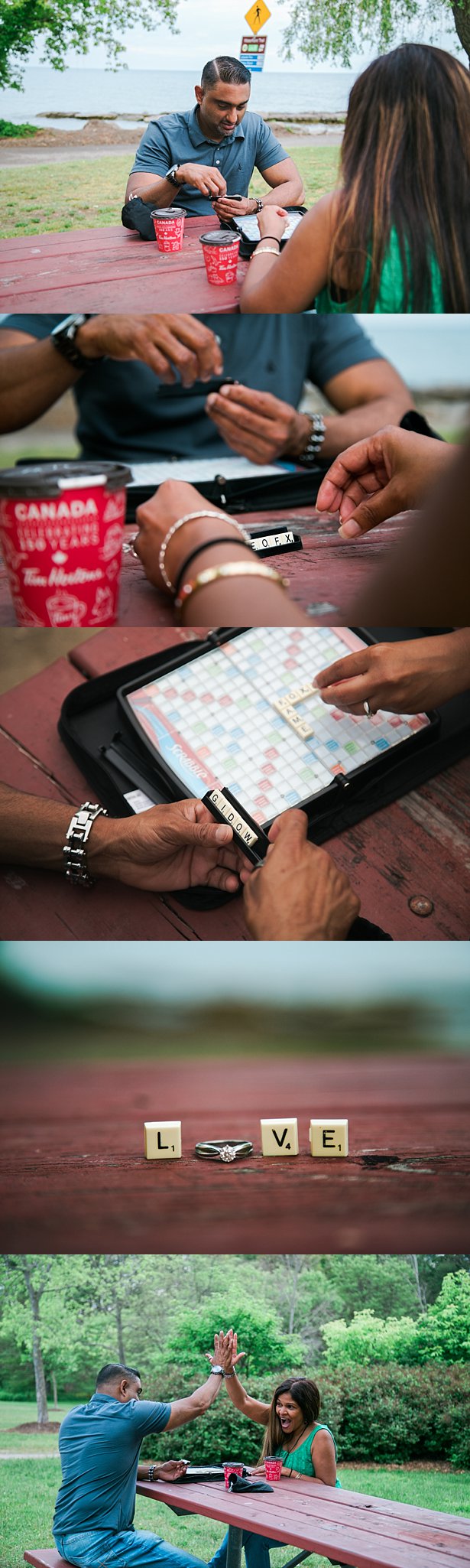 Jennifer Blaak Photography, Toronto Wedding Photographer, Engagement Session at Jack Darling Memorial Park in Mississauga, Couple playing scrabble, Tim Hortons cups