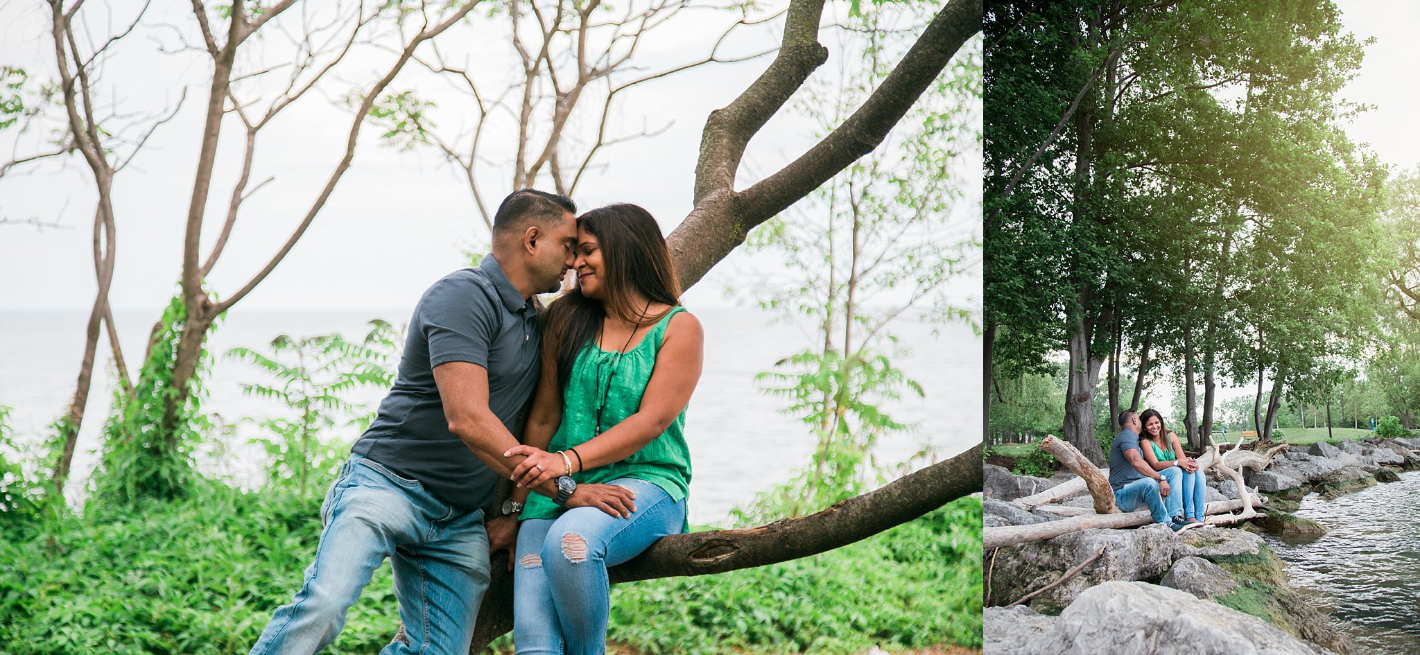 Jennifer Blaak Photography, Toronto Wedding Photographer, Engagement Session at Jack Darling Memorial Park in Mississauga, Couple in tree, Couple sitting on rocks