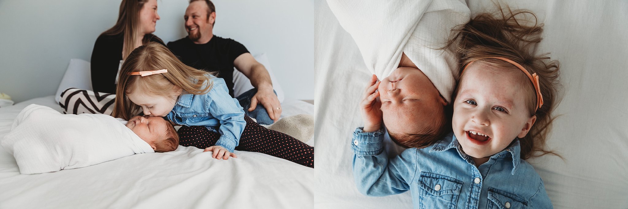 Jennifer Blaak Photography, Hamilton Lifestyle Newborn Photographer, Hamilton In-Home Lifestyle Session, Sisters snuggling on bed