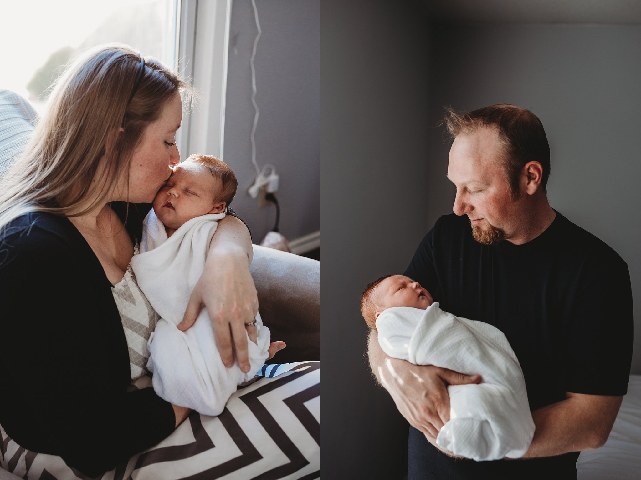 Jennifer Blaak Photography, Hamilton Lifestyle Newborn Photographer, Hamilton In-Home Lifestyle Session, Mom and dad with baby by window