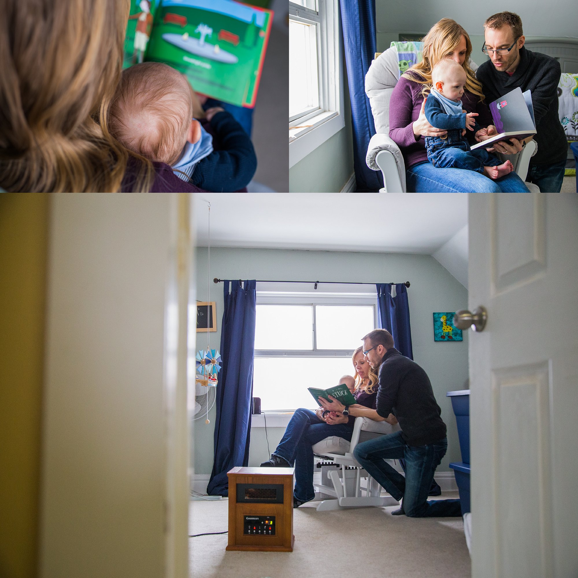 Jennifer Blaak Photography, Hamilton Newborn Photographer, Mom and dad with baby in nursery reading a book