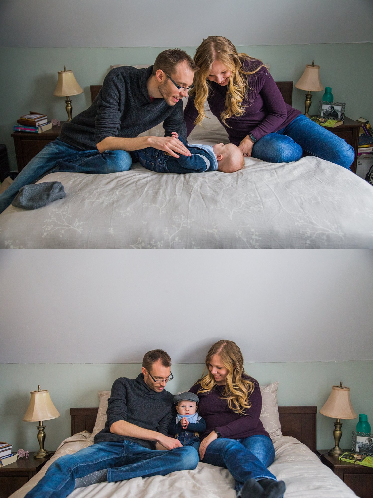 Jennifer Blaak Photography, Hamilton Newborn Photographer, Mom and dad with baby on bed
