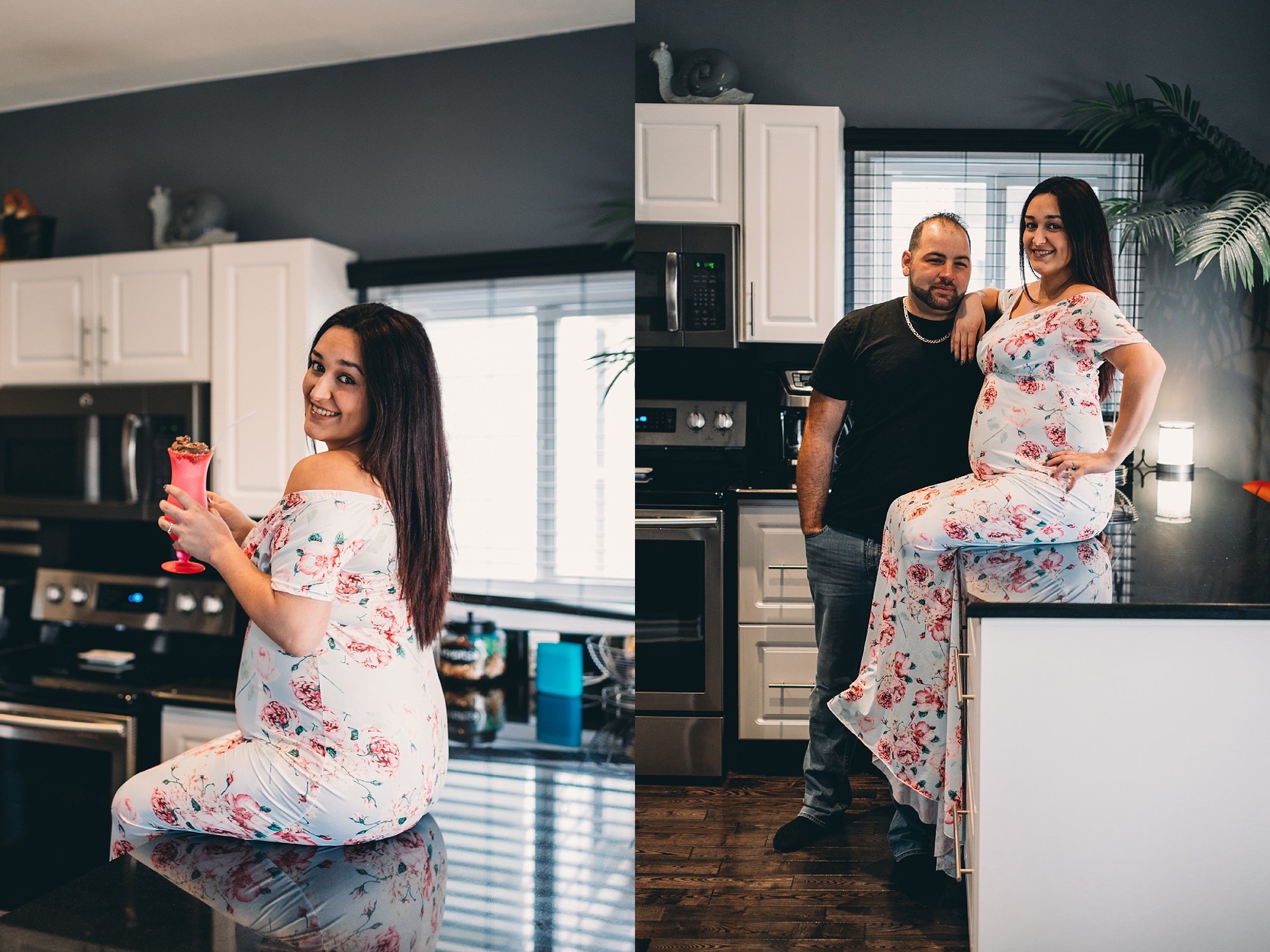 Hamilton-Newborn-Photographer-maternity-mom-drinking-milkshake-on-kitchen-counter.jpg