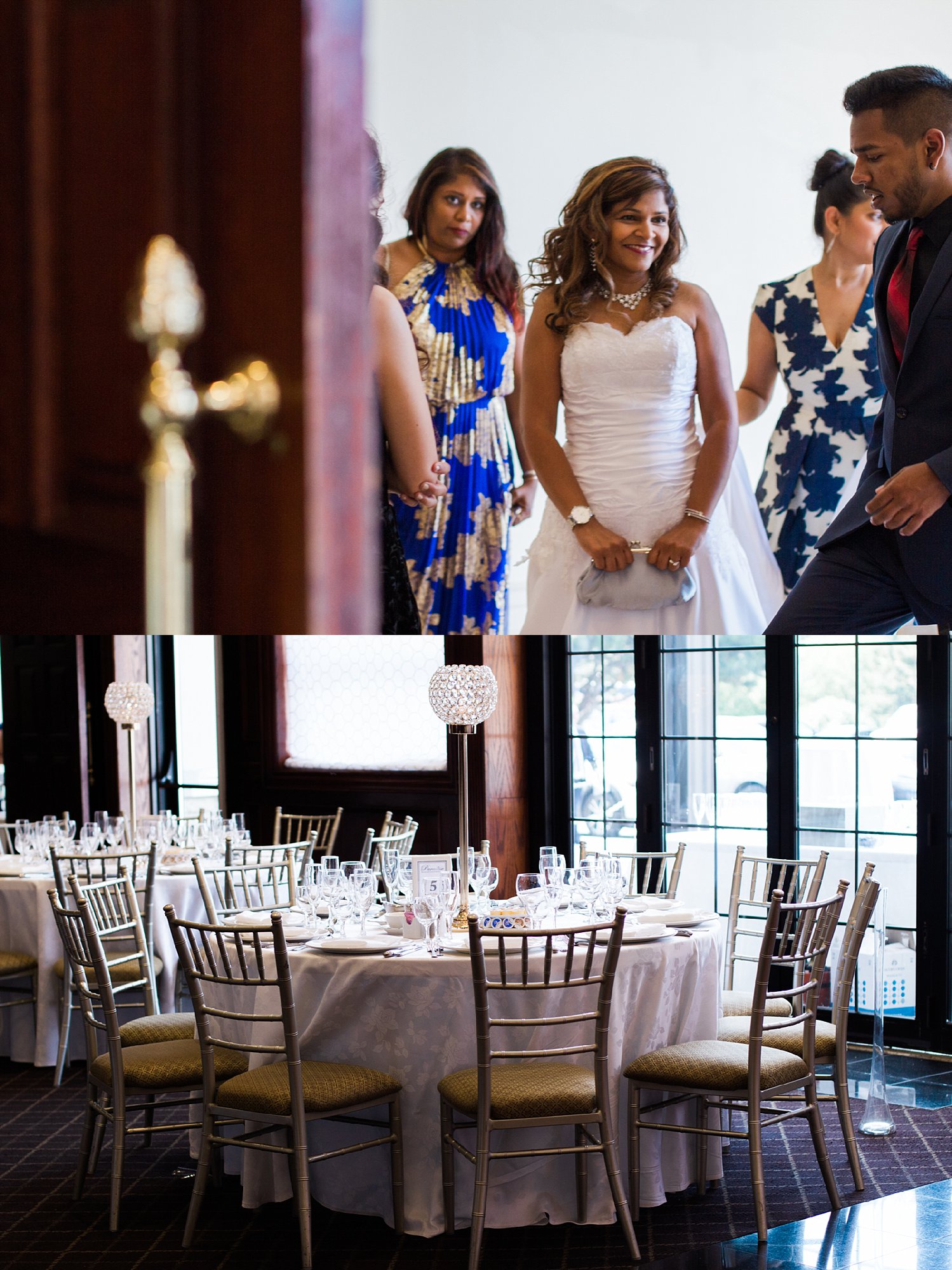 Jennifer Blaak Photography, Paradise Banquet Hall, Wedding Reception, Surprise Wedding, Bride in doorway, Table Settings