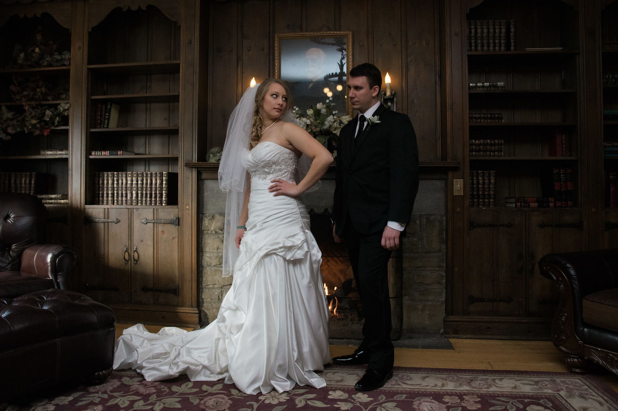 Portrait of the bride and groom at Paletta Mansion during their wedding shot with Burlington Wedding Photographer Jennifer Blaak.