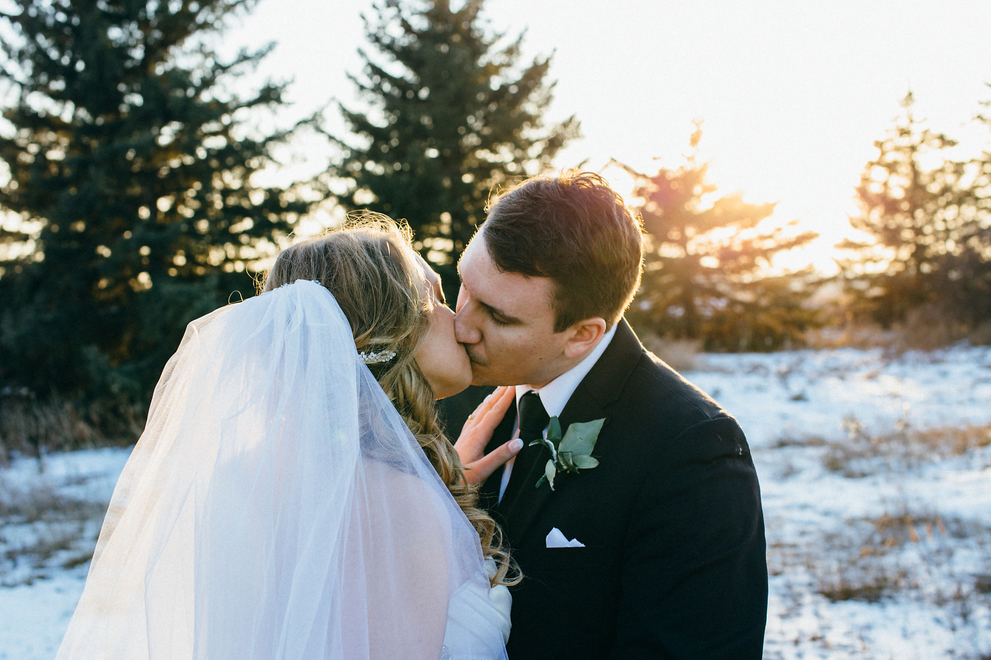 Portrait of the bride and groom kissing at sunset at Lesalle Park during their wedding shot with Burlington Wedding Photographer Jennifer Blaak.