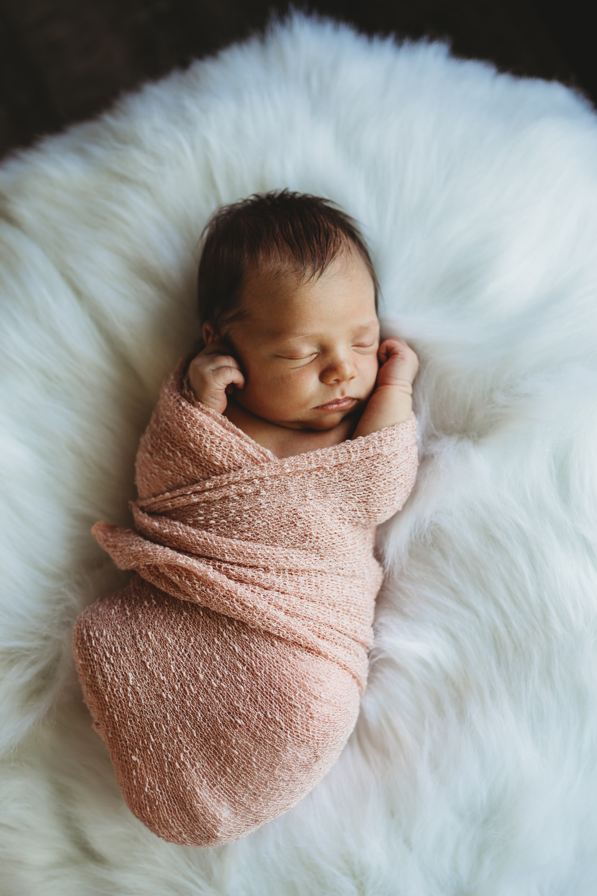 Dundas Newborn Photographer - baby in pink wrap on fluffy white rug